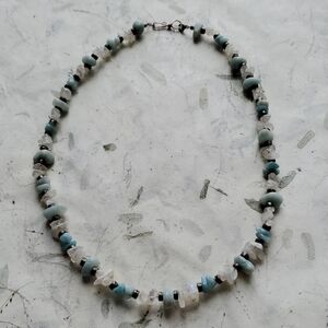 Vintage 925 Sterling Silver Aquamarine Clear Quartz Moonstone Beaded Necklace